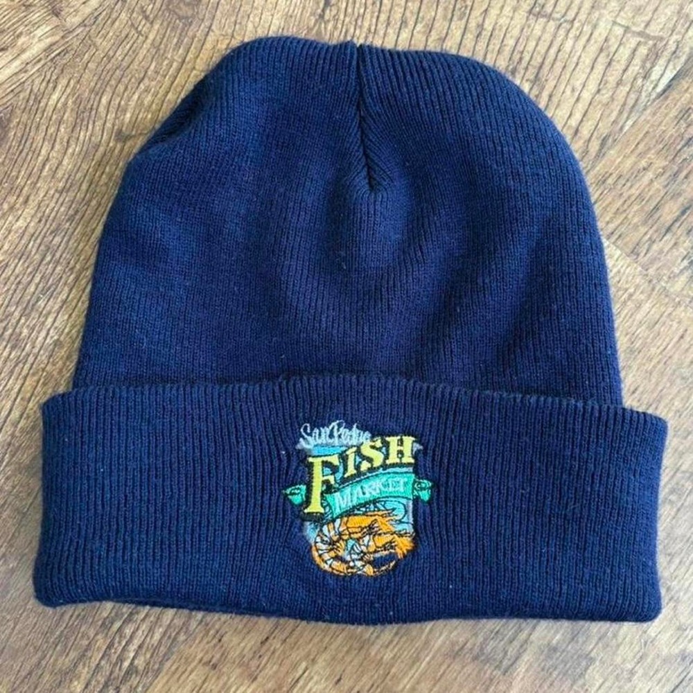 San Pedro Fish Market Navy Blue Embroidered Logo Cuffed Beanie Hat One Size
